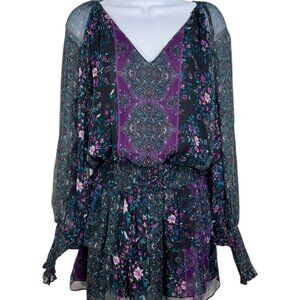 Ramy Brook Silk Ruffle Mini Dress Black Purple Paisley Floral Cocktail Boho Med